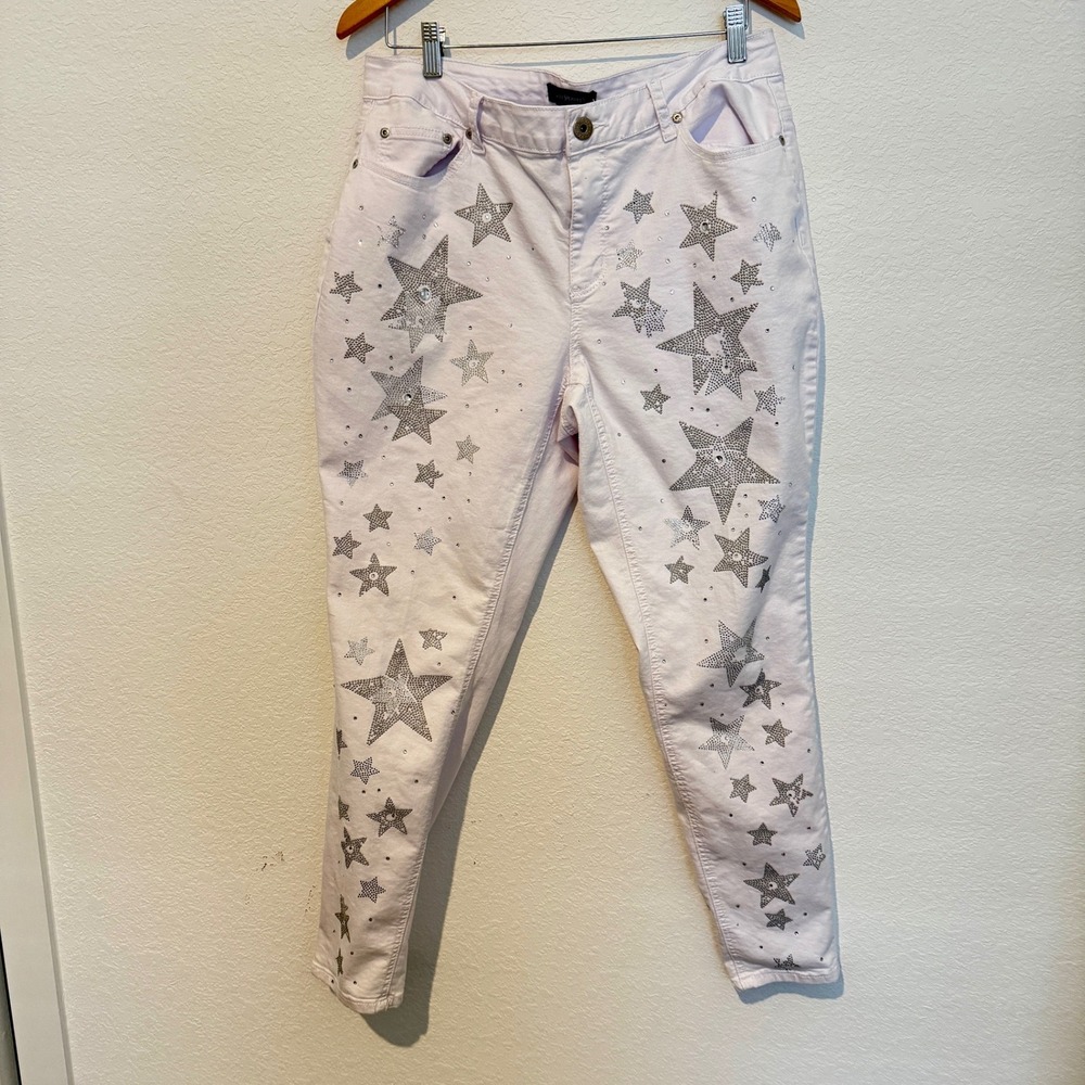 Ashley Stewart Star Studded Jeans Women 16 White Rhinestone Skinny